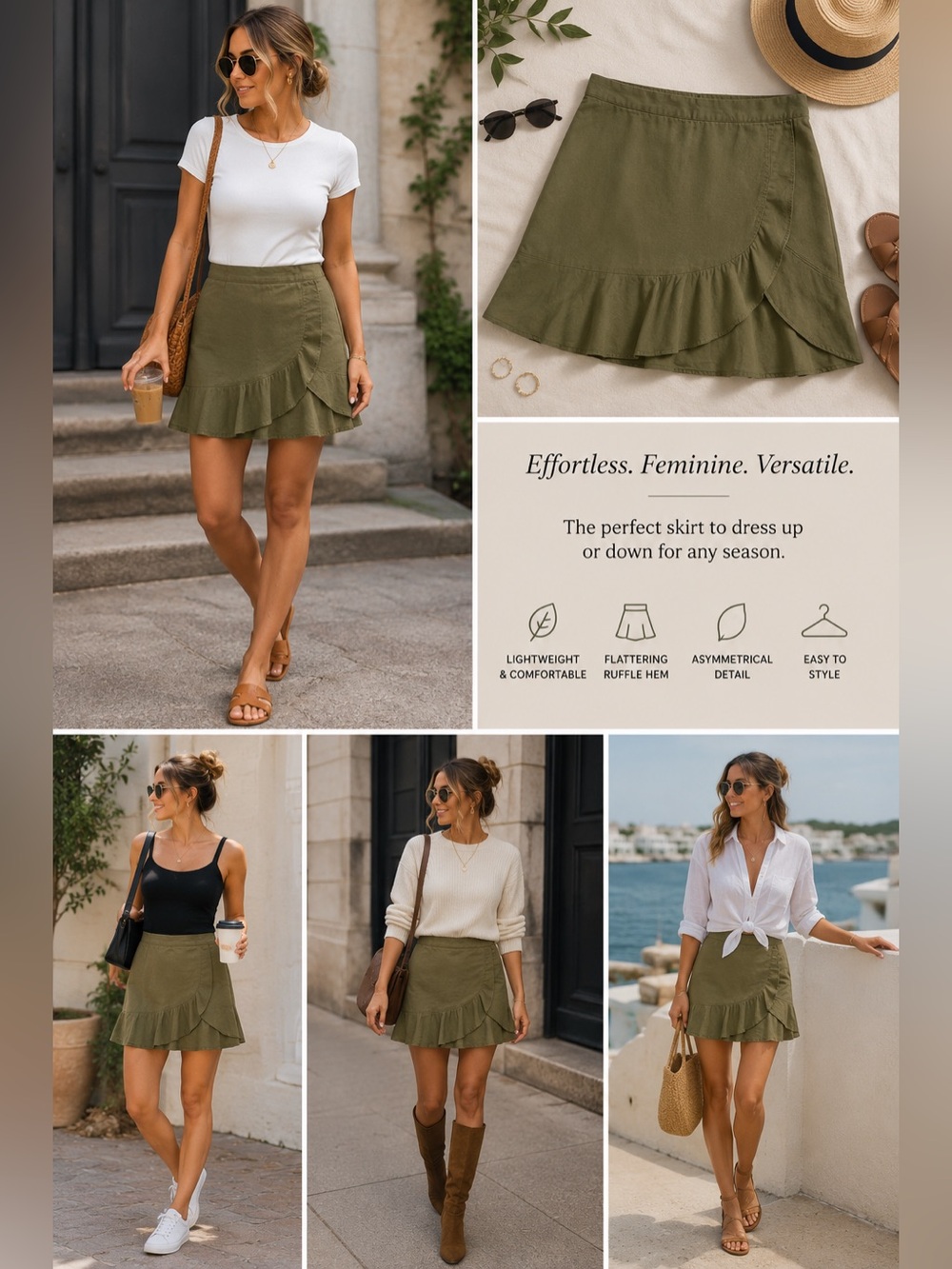 Madewell Olive Green Asymmetrical Ruffle Mini Skirt Size 4, Casual Chic, cotton